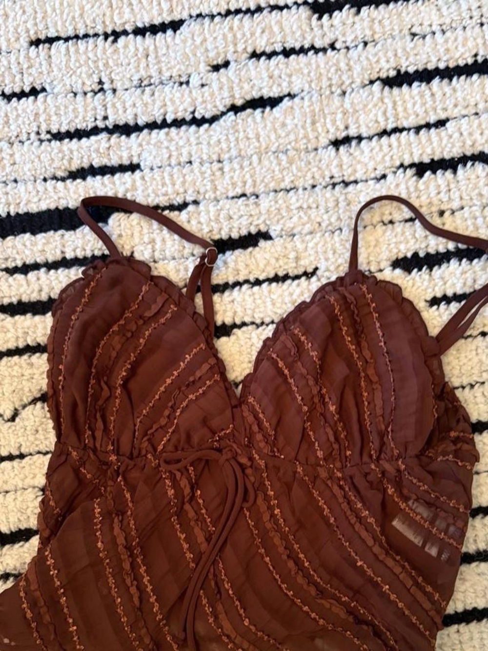 Women’s Brown Ruffle-Trim Tank Top with Adjustable Straps